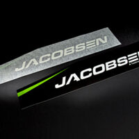 Example outdoor logo/Jacobsen decal printed by nameplate services at Marking Systems.
