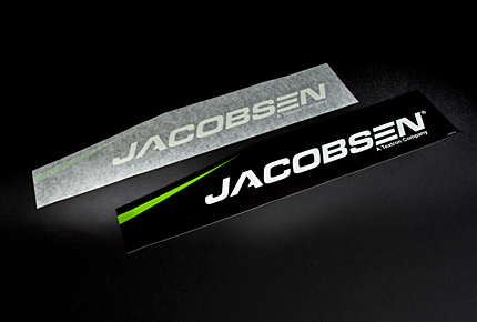 Example outdoor logo/Jacobsen decal printed by nameplate services at Marking Systems.