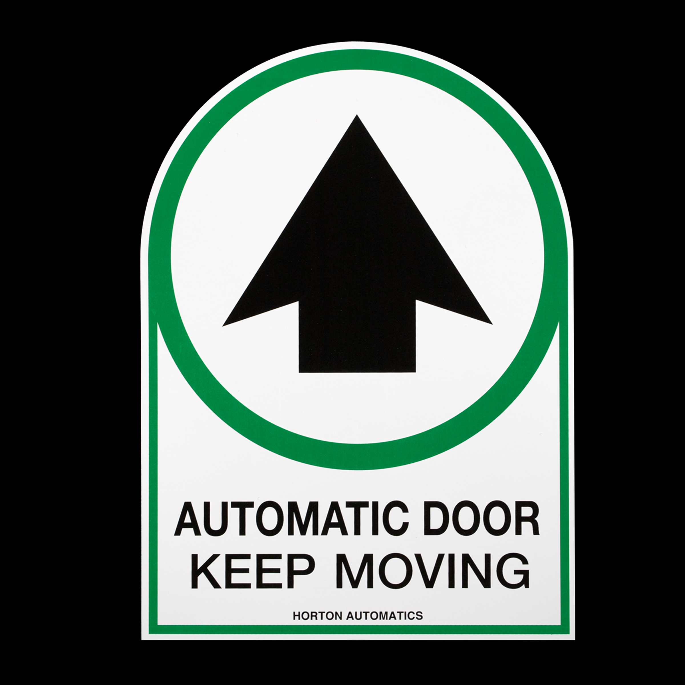 Green “Automatic Door” double-sided decal with a black arrow pointing forward from label printing service Marking Systems.
