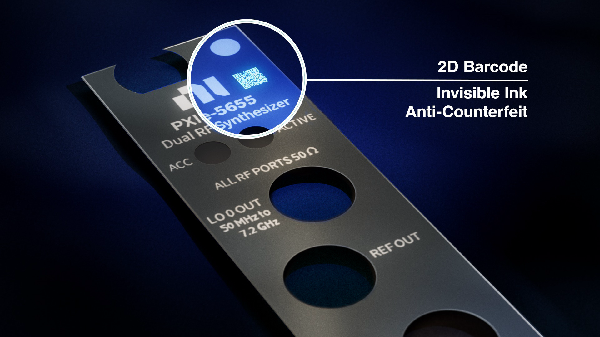 Invisible ink prototype for National Instruments with a 2D UV readable barcode and first-of-its-kind invisible ink callout